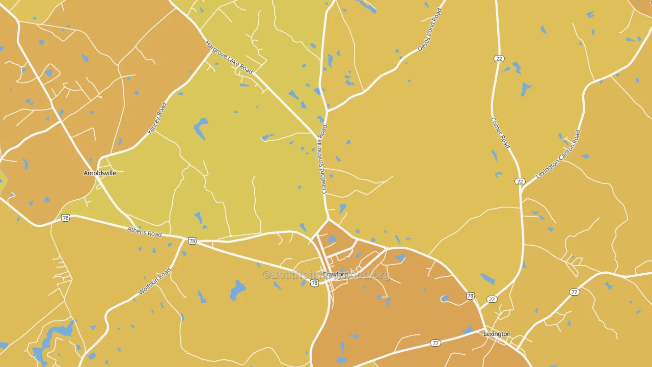 Map of the best neighborhoods in the 30630 area, with better matches in green and worse matches in red