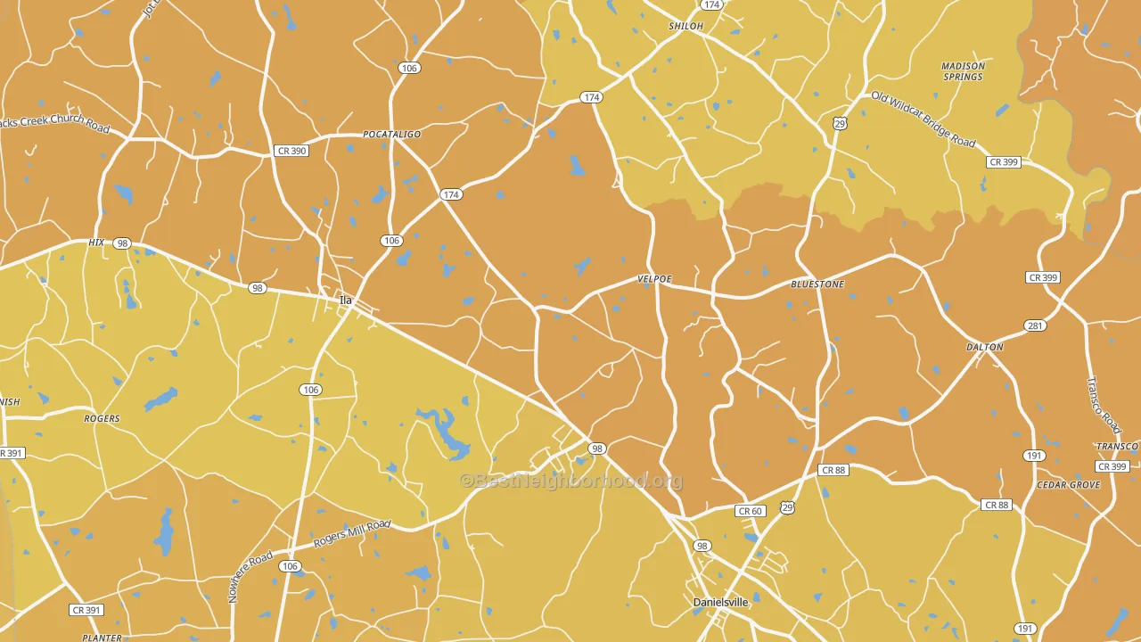Map of the best neighborhoods in the 30633 area, with better matches in green and worse matches in red