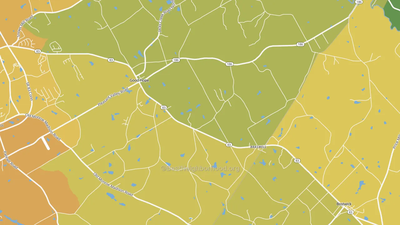 Map of the best neighborhoods in the 30641 area, with better matches in green and worse matches in red