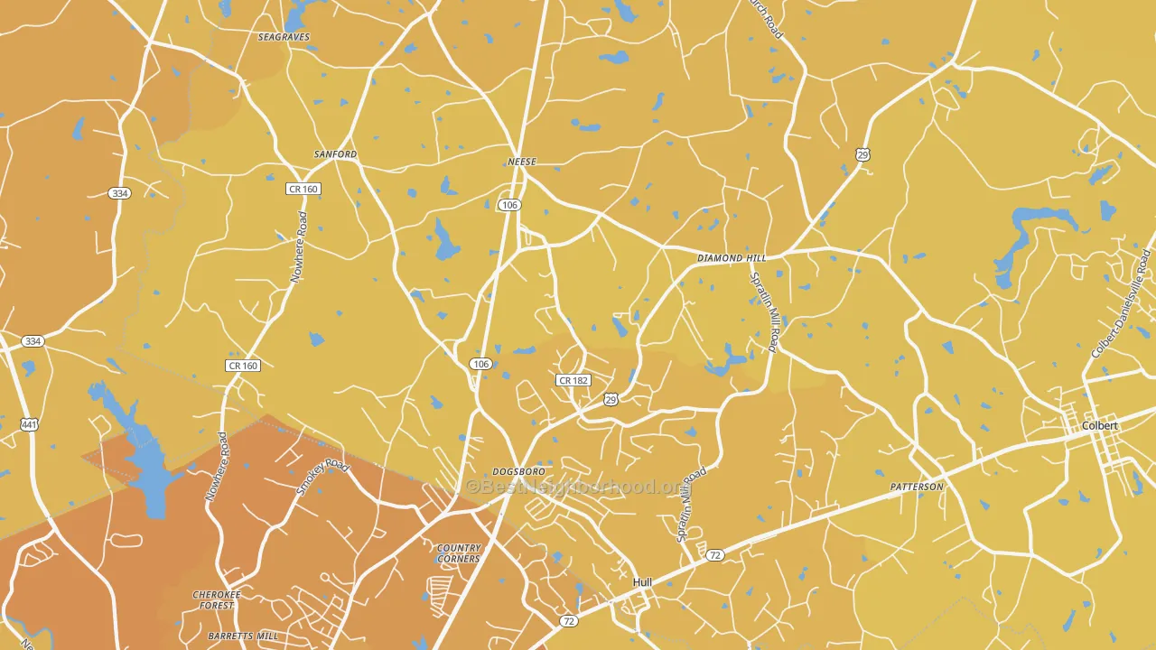 Map of the best neighborhoods in the 30646 area, with better matches in green and worse matches in red