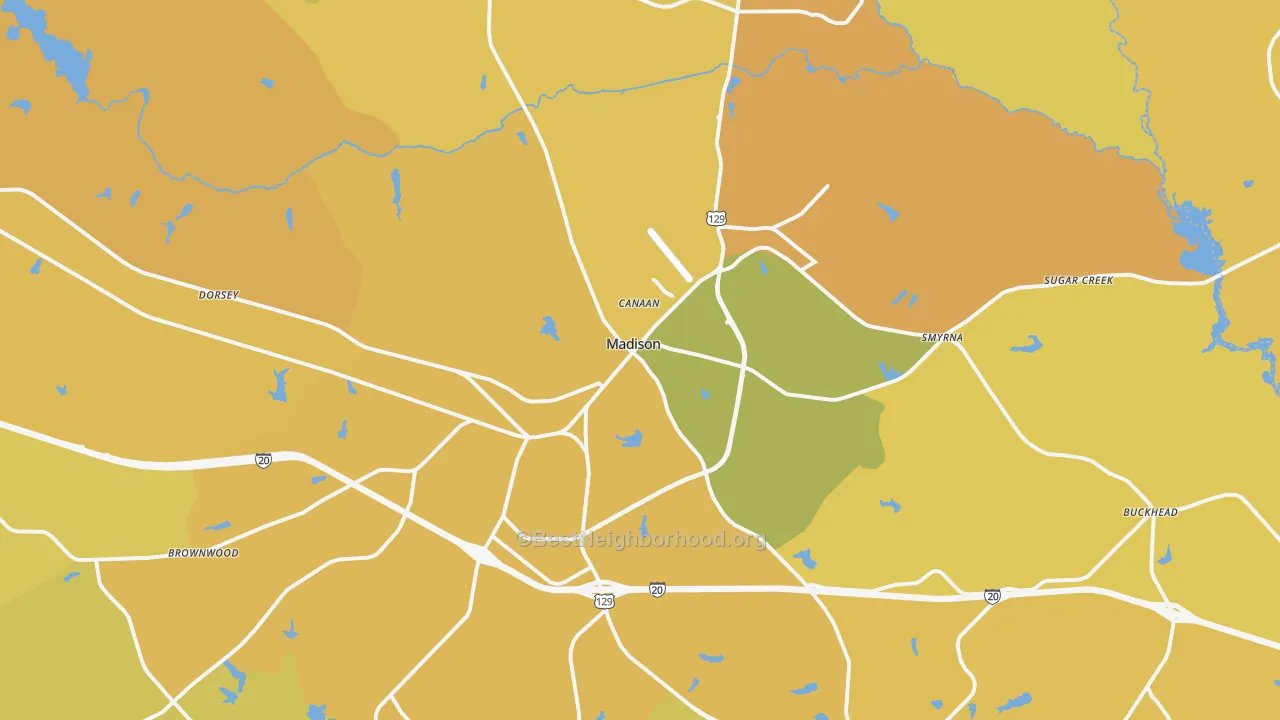 Map of the best neighborhoods in the 30650 area, with better matches in green and worse matches in red