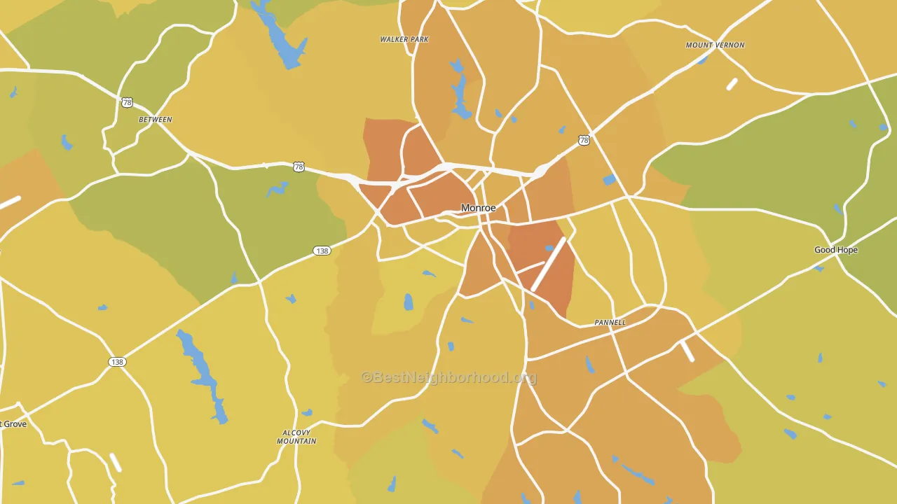Map of the best neighborhoods in the 30655 area, with better matches in green and worse matches in red