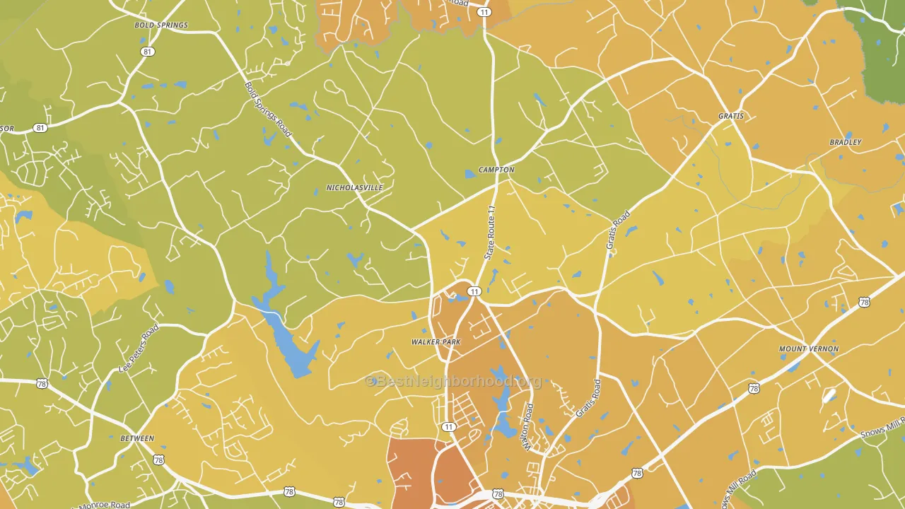 Map of the best neighborhoods in the 30656 area, with better matches in green and worse matches in red