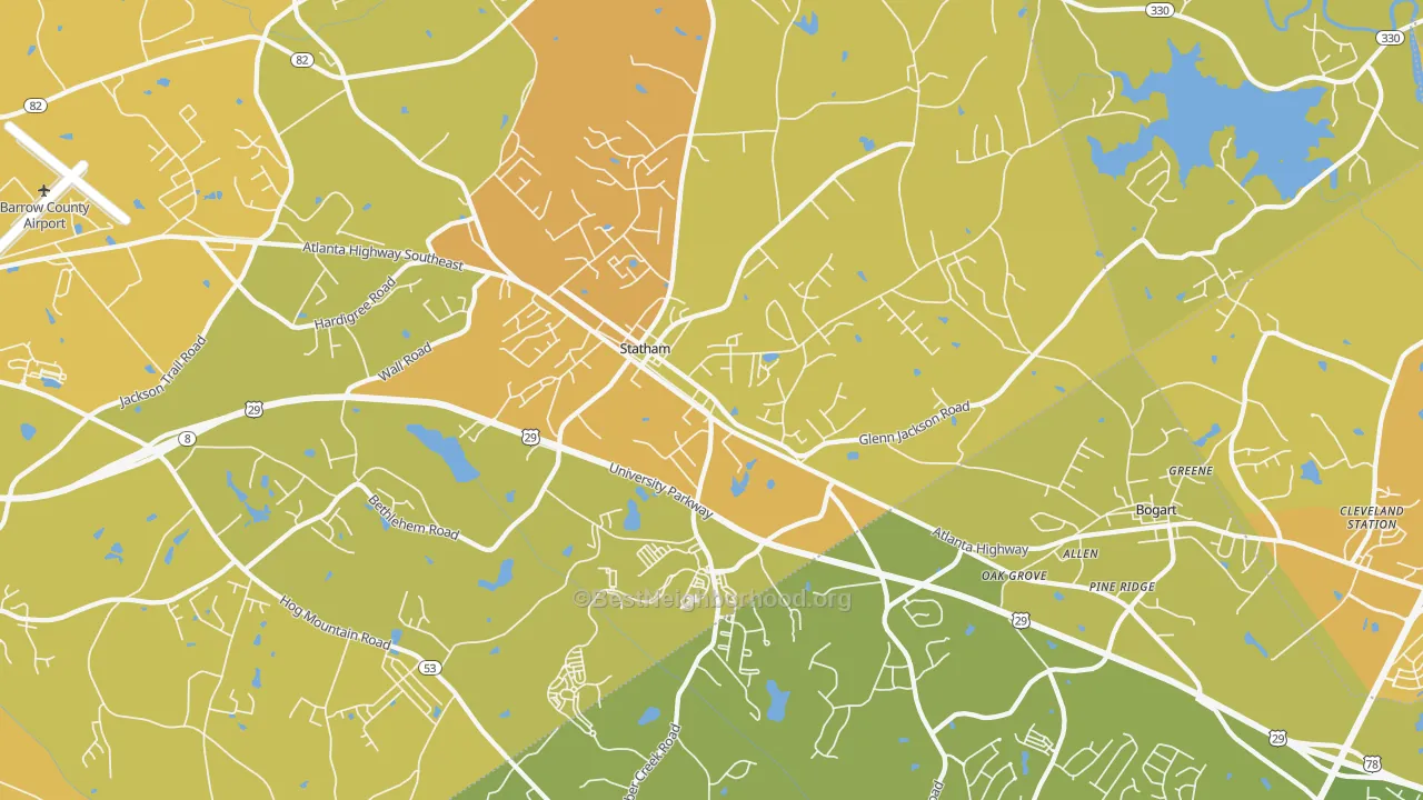 Map of the best neighborhoods in the 30666 area, with better matches in green and worse matches in red
