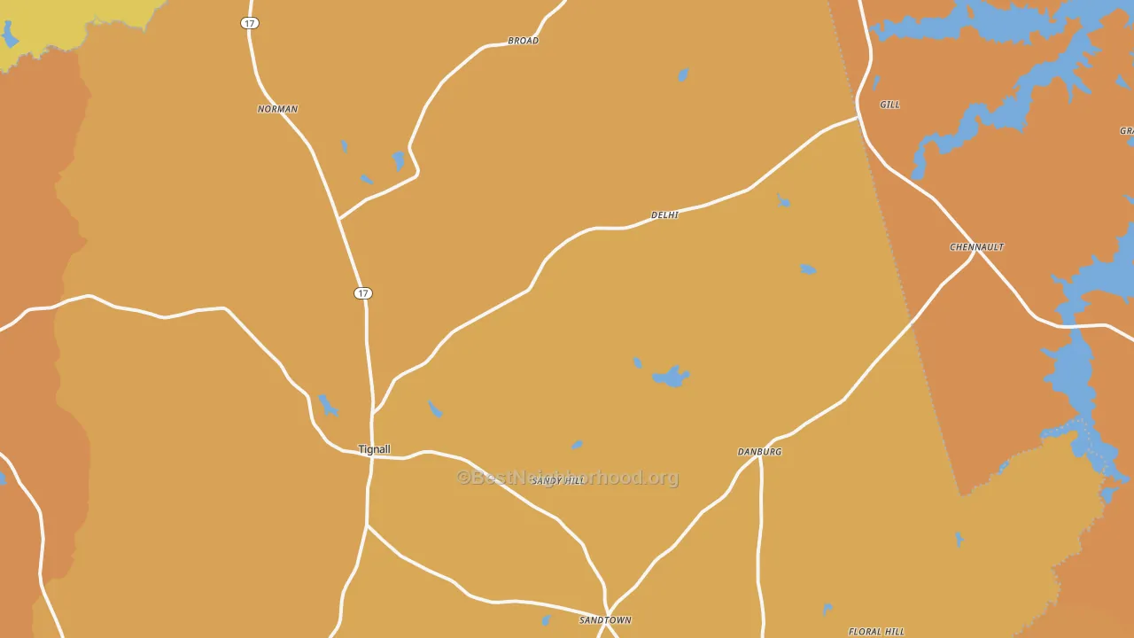 Map of the best neighborhoods in the 30668 area, with better matches in green and worse matches in red