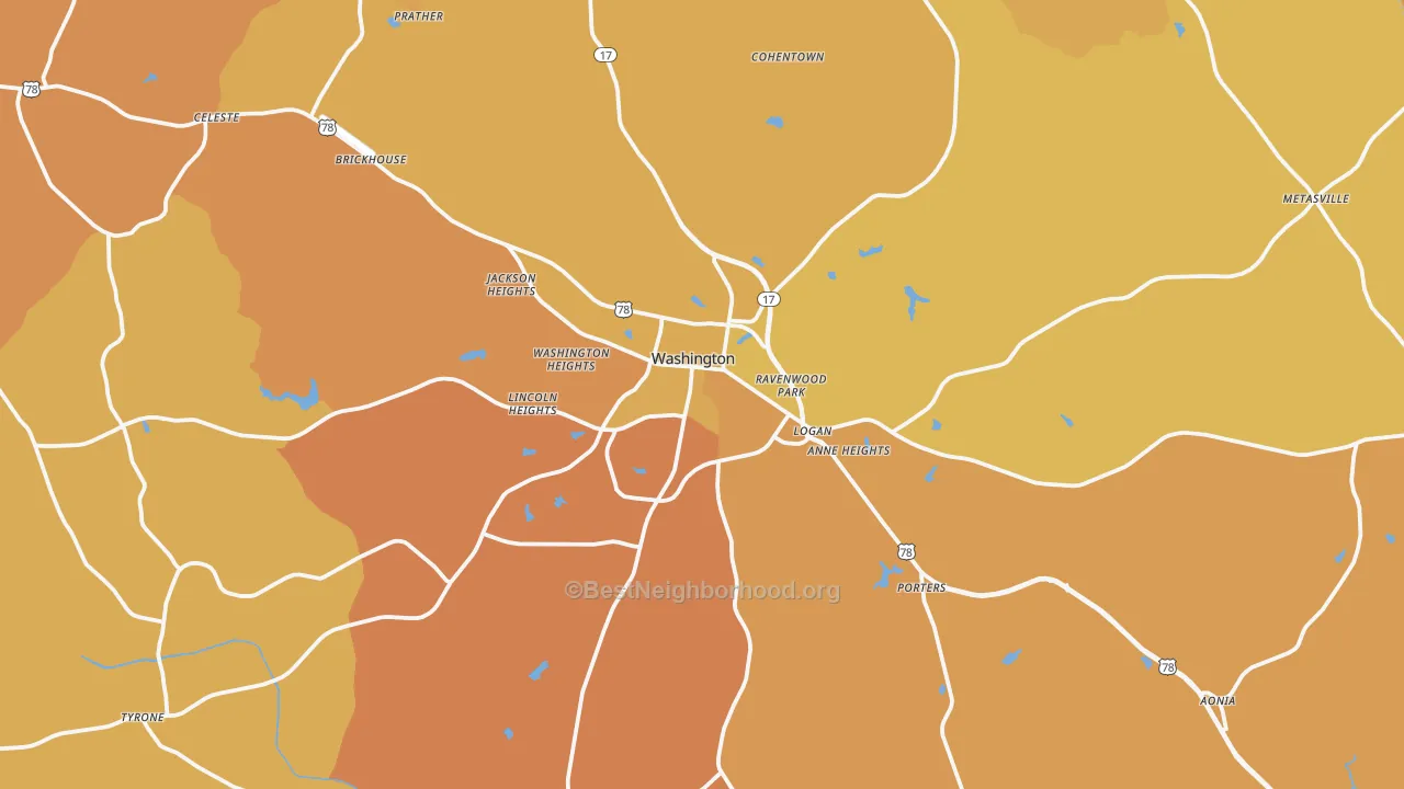 Map of the best neighborhoods in the 30673 area, with better matches in green and worse matches in red