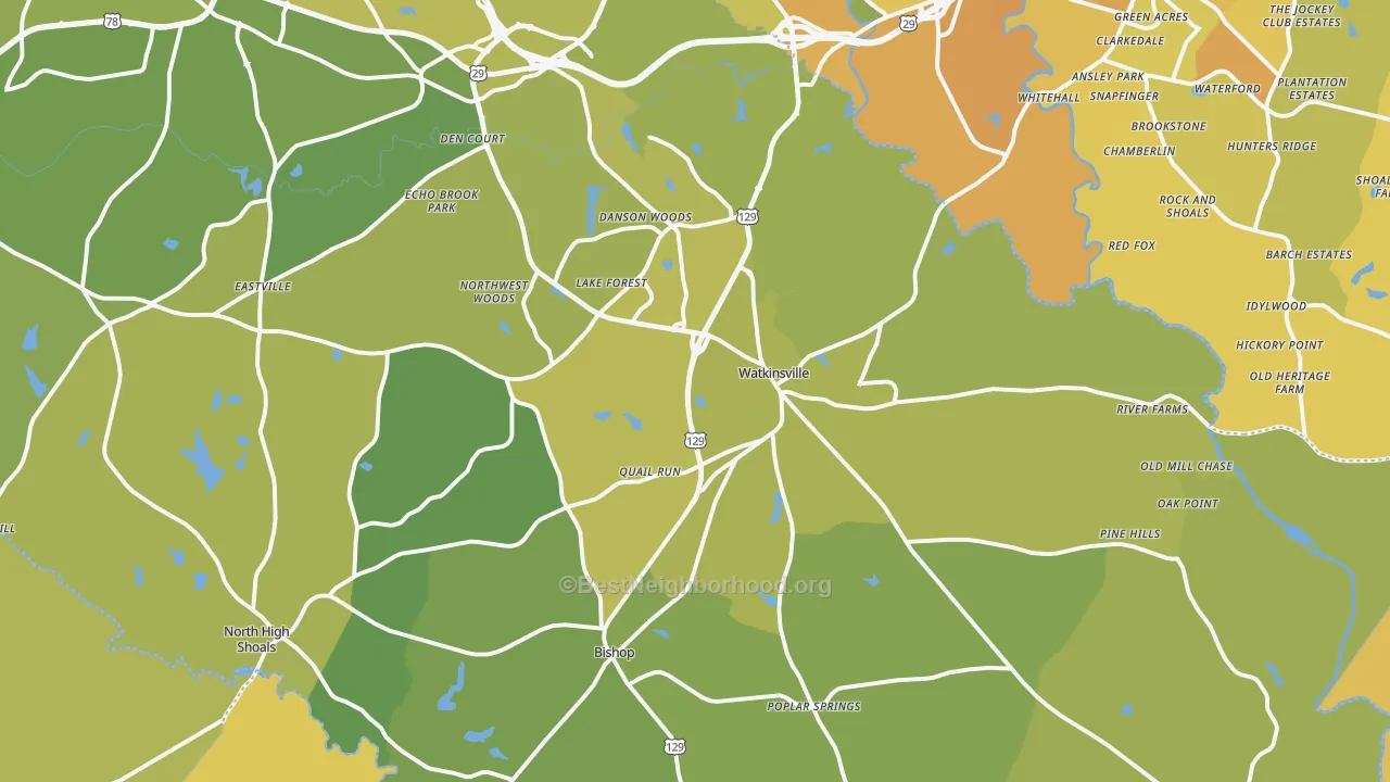 Map of the best neighborhoods in the 30677 area, with better matches in green and worse matches in red