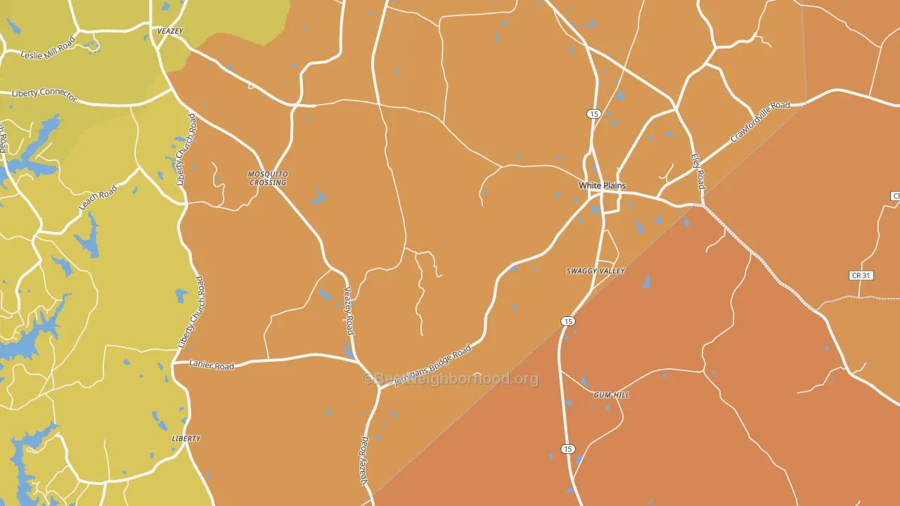 Map of the best neighborhoods in the 30678 area, with better matches in green and worse matches in red