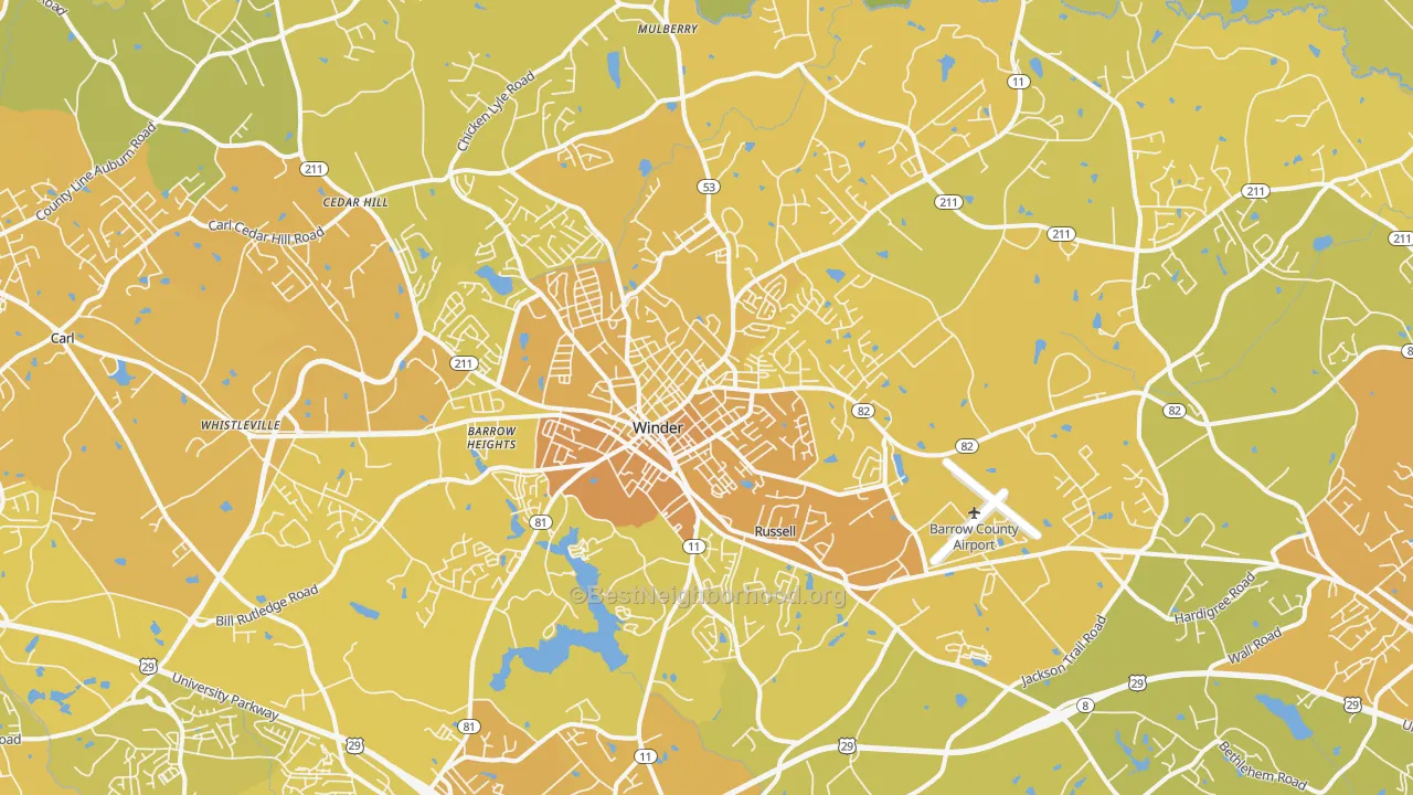 Map of the best neighborhoods in the 30680 area, with better matches in green and worse matches in red