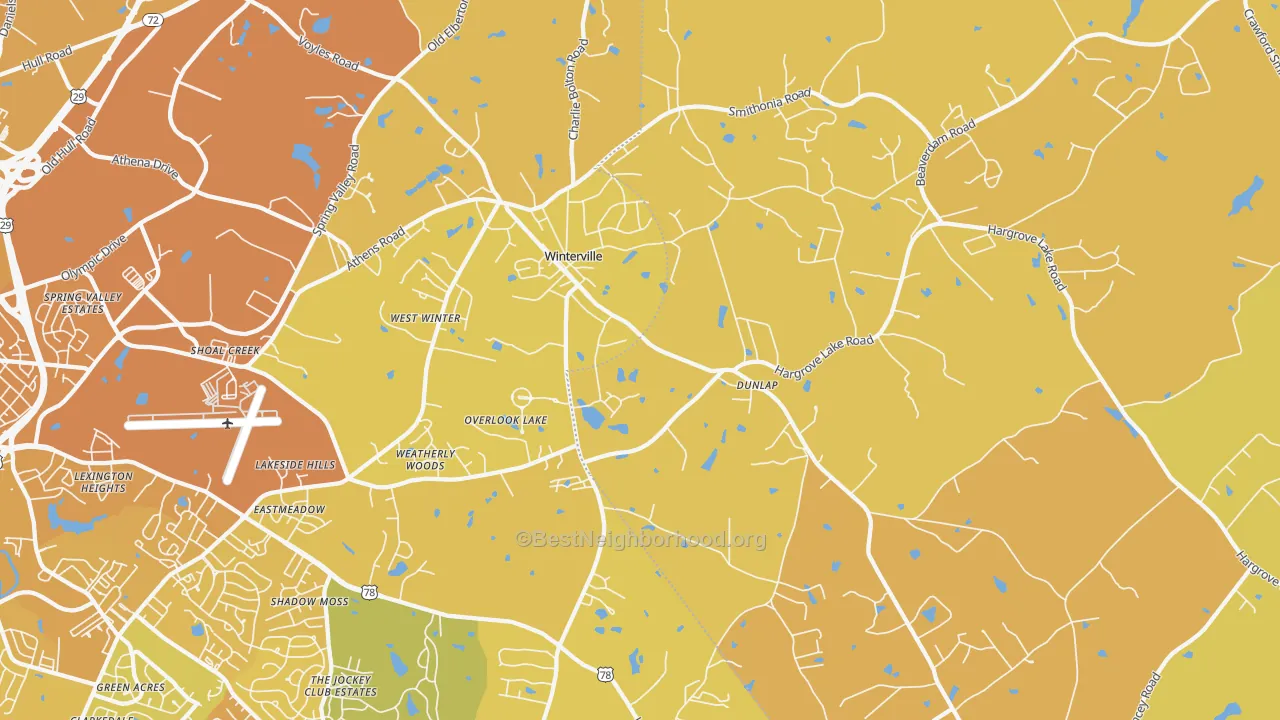 Map of the best neighborhoods in the 30683 area, with better matches in green and worse matches in red
