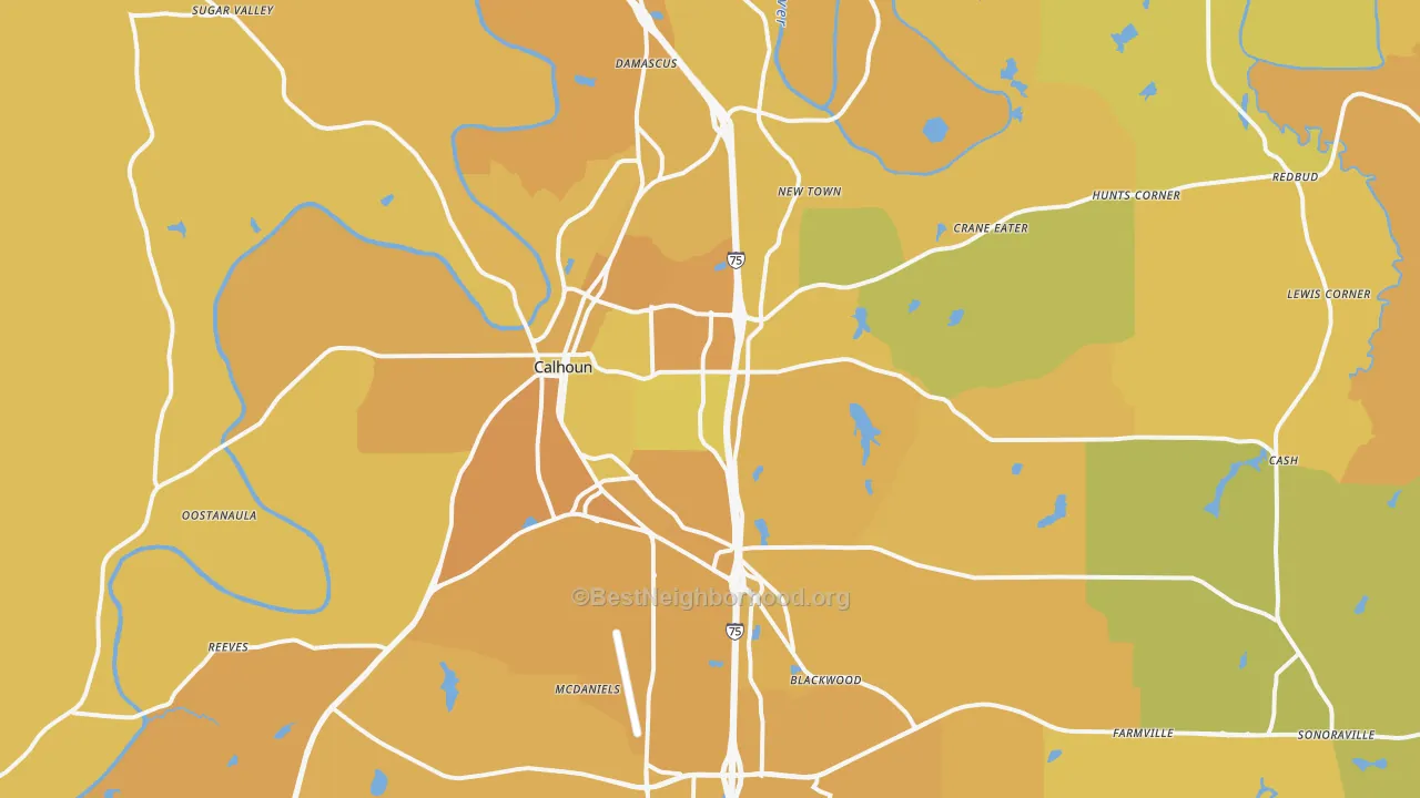 Map of the best neighborhoods in the 30701 area, with better matches in green and worse matches in red