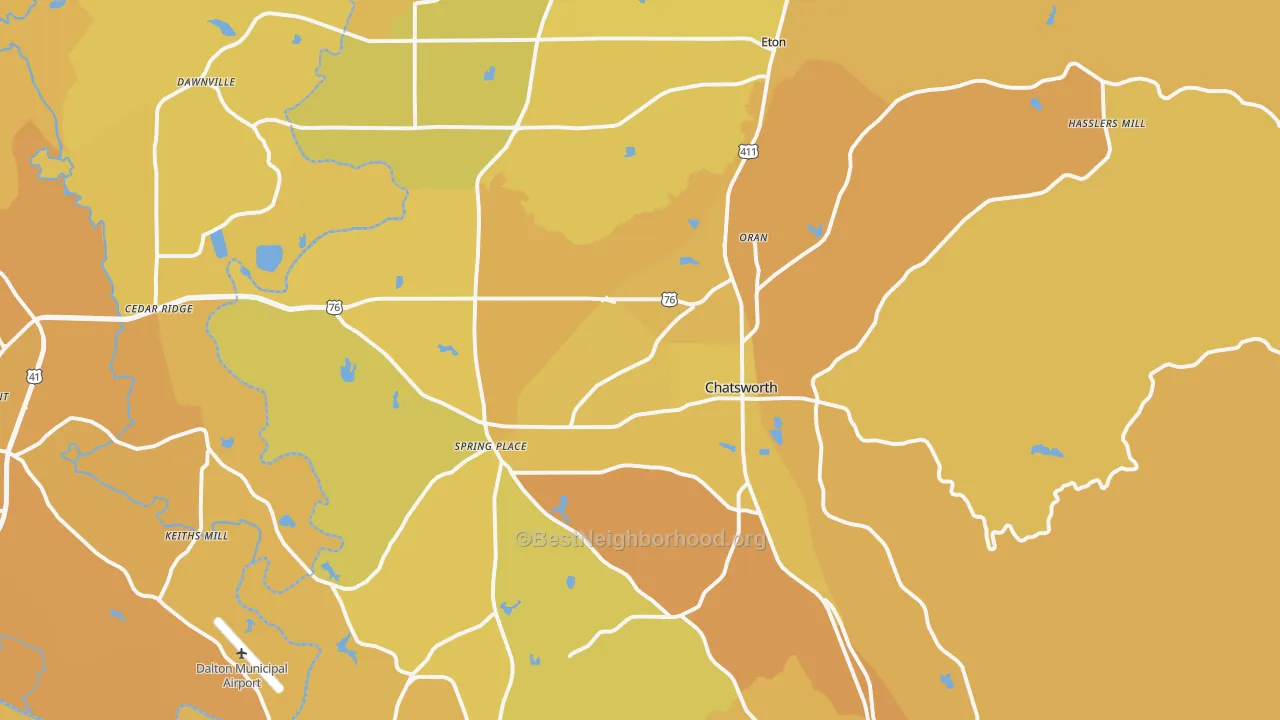 Map of the best neighborhoods in the 30705 area, with better matches in green and worse matches in red