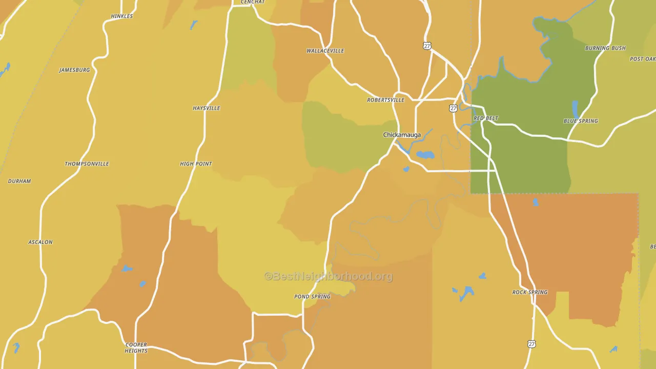 Map of the best neighborhoods in the 30707 area, with better matches in green and worse matches in red