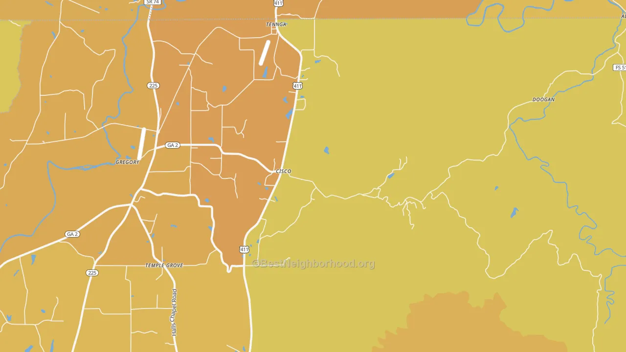 Map of the best neighborhoods in the 30708 area, with better matches in green and worse matches in red