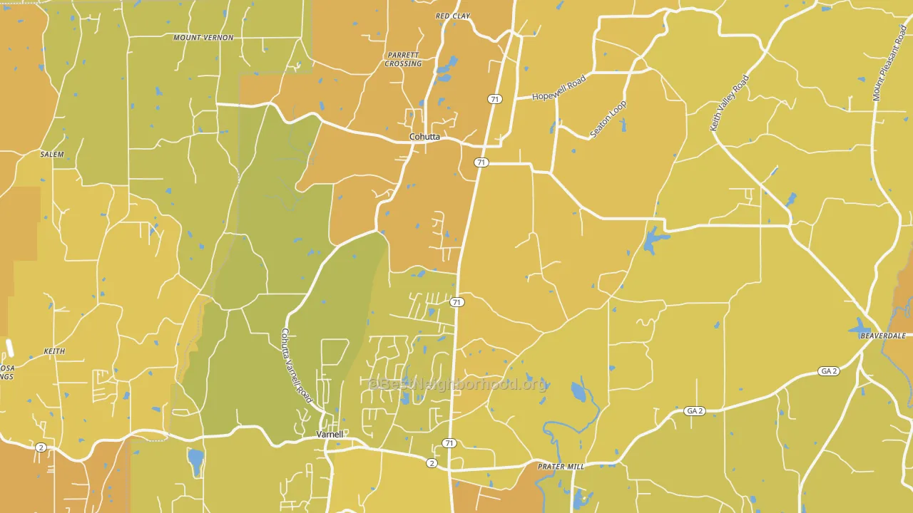 Map of the best neighborhoods in the 30710 area, with better matches in green and worse matches in red