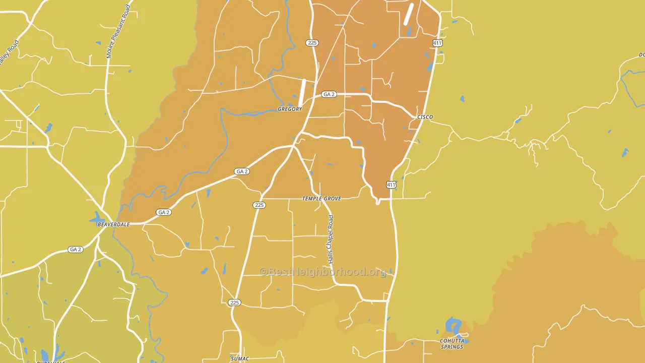 Map of the best neighborhoods in the 30711 area, with better matches in green and worse matches in red
