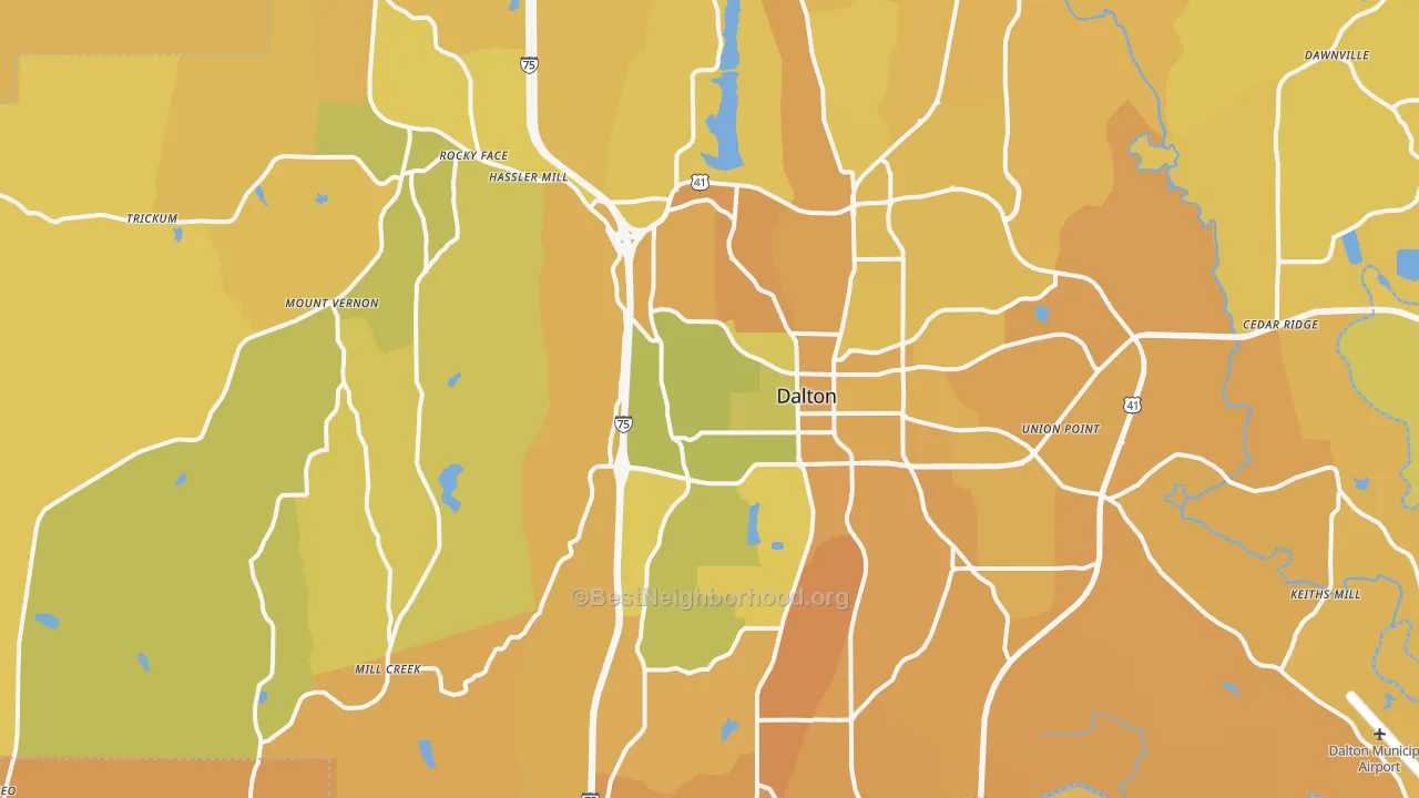 Map of the best neighborhoods in the 30720 area, with better matches in green and worse matches in red