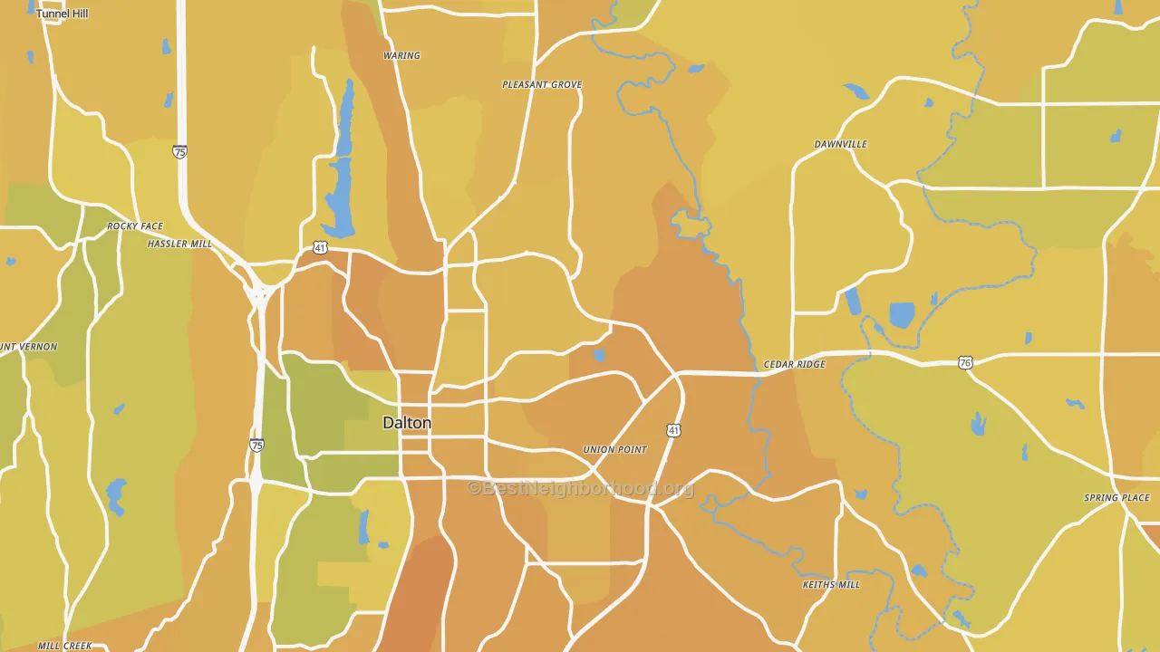 Map of the best neighborhoods in the 30721 area, with better matches in green and worse matches in red
