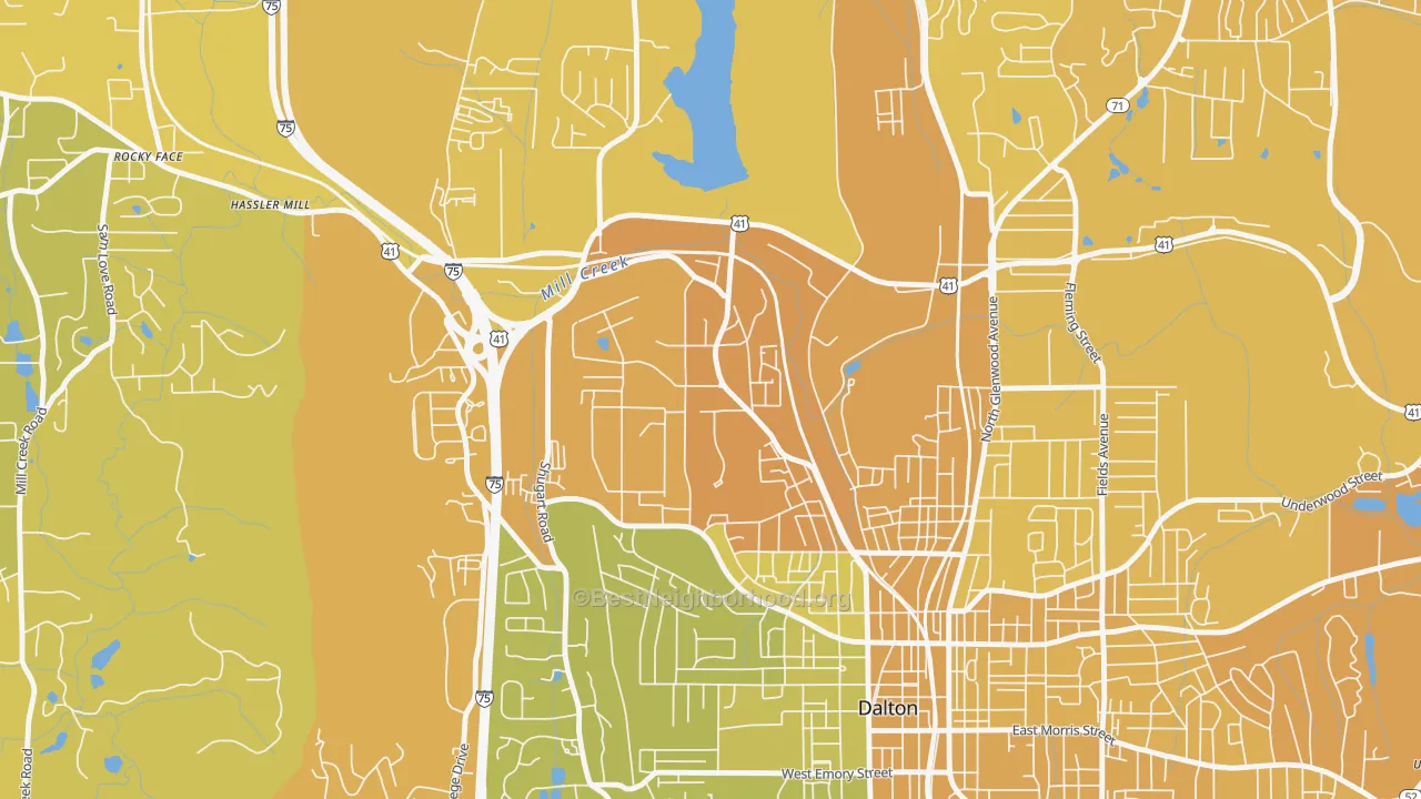 Map of the best neighborhoods in the 30722 area, with better matches in green and worse matches in red