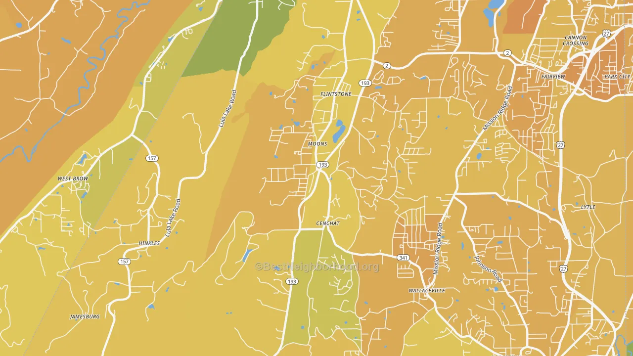 Map of the best neighborhoods in the 30725 area, with better matches in green and worse matches in red