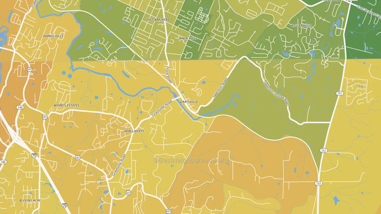 Map of the best neighborhoods in the 30726 area, with better matches in green and worse matches in red