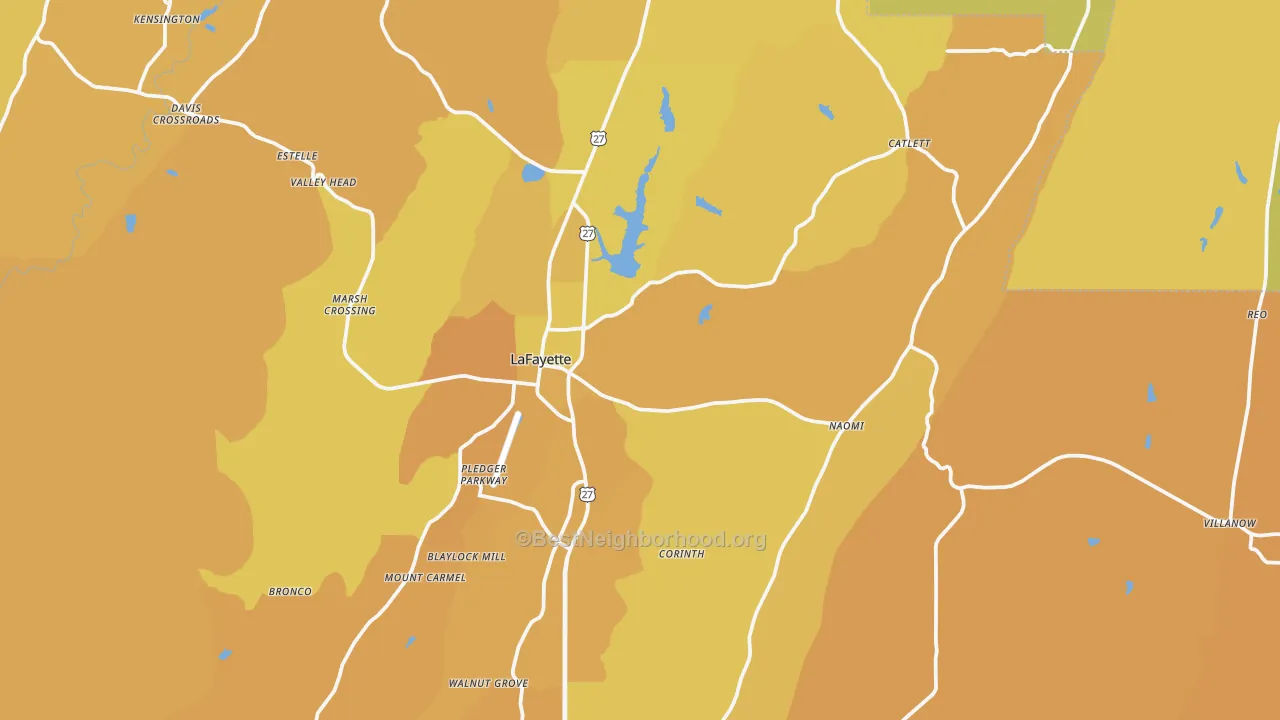 Map of the best neighborhoods in the 30728 area, with better matches in green and worse matches in red