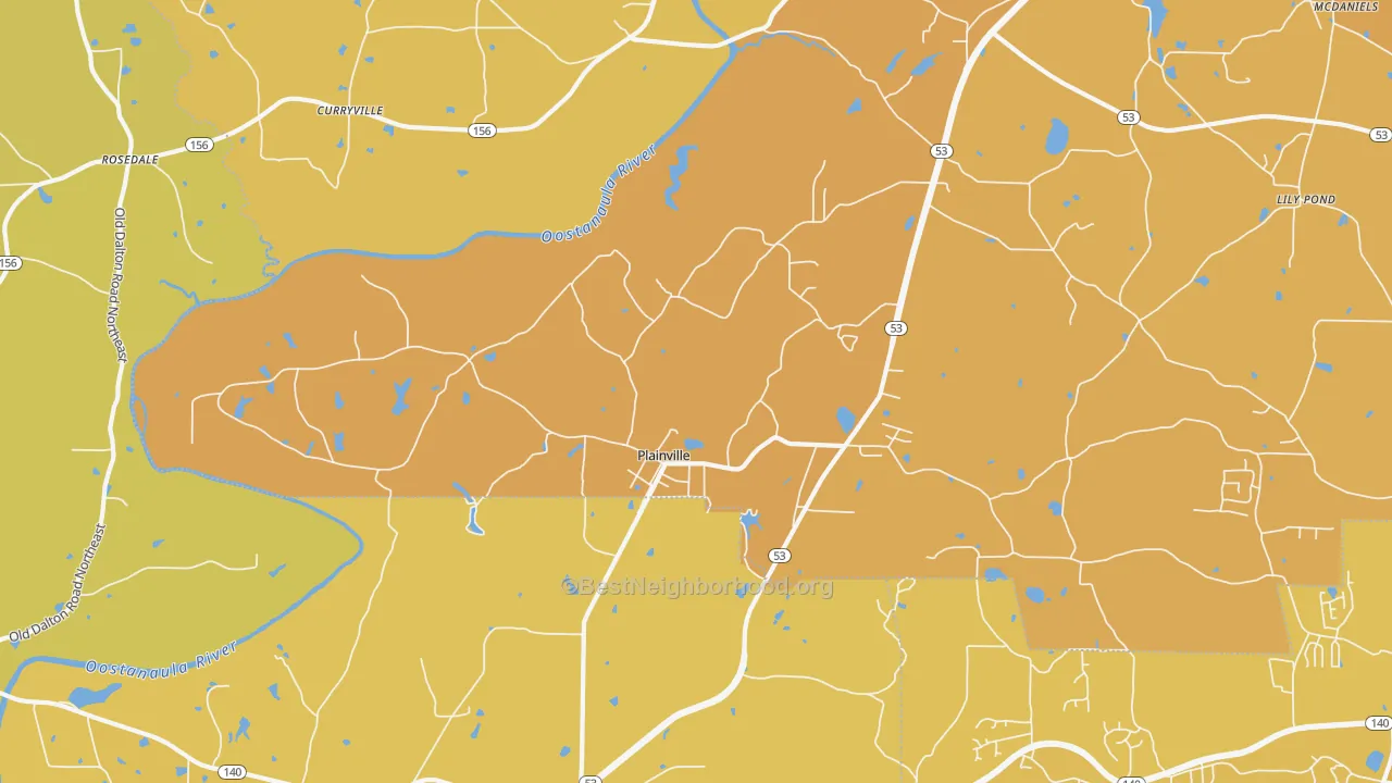 Map of the best neighborhoods in the 30733 area, with better matches in green and worse matches in red