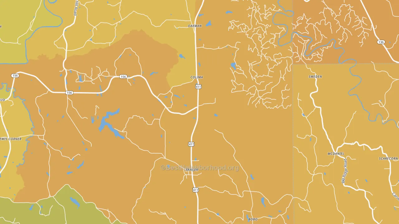 Map of the best neighborhoods in the 30734 area, with better matches in green and worse matches in red