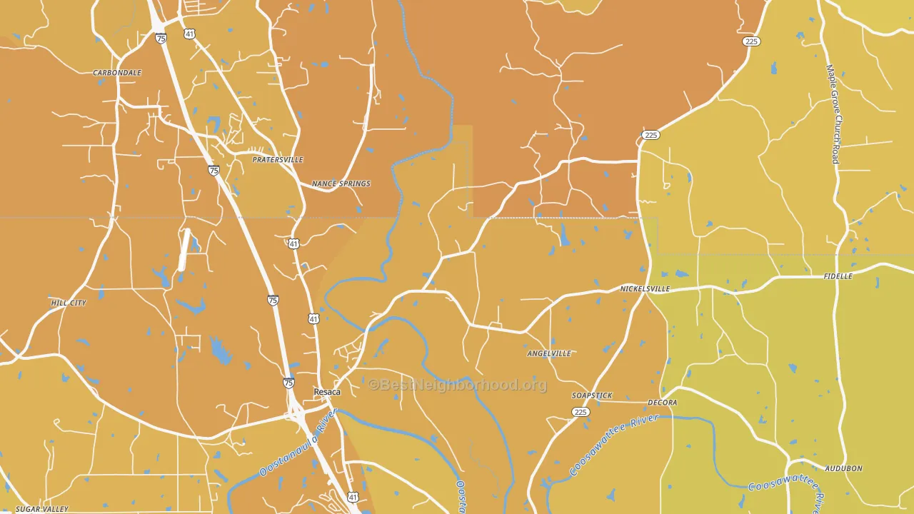 Map of the best neighborhoods in the 30735 area, with better matches in green and worse matches in red