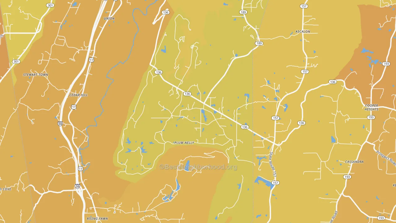 Map of the best neighborhoods in the 30738 area, with better matches in green and worse matches in red