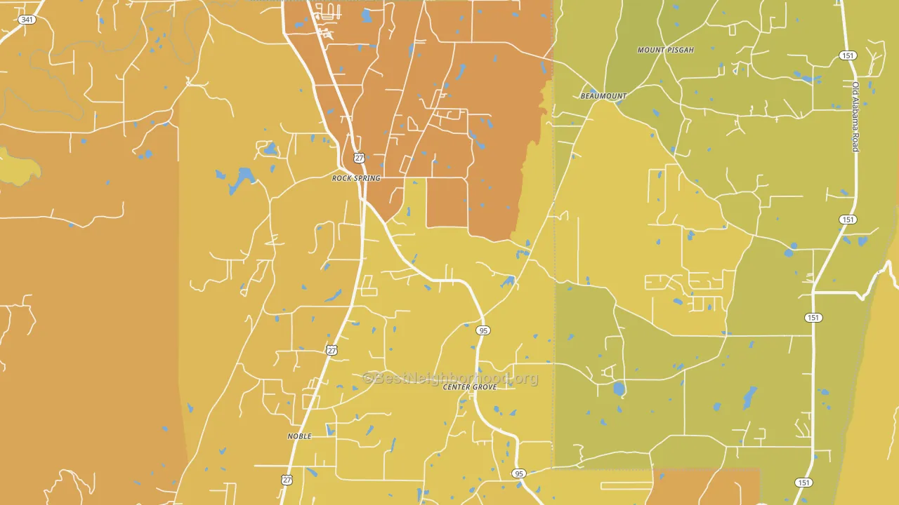 Map of the best neighborhoods in the 30739 area, with better matches in green and worse matches in red