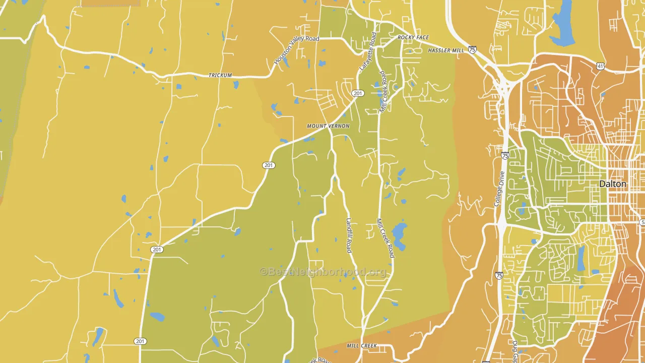Map of the best neighborhoods in the 30740 area, with better matches in green and worse matches in red