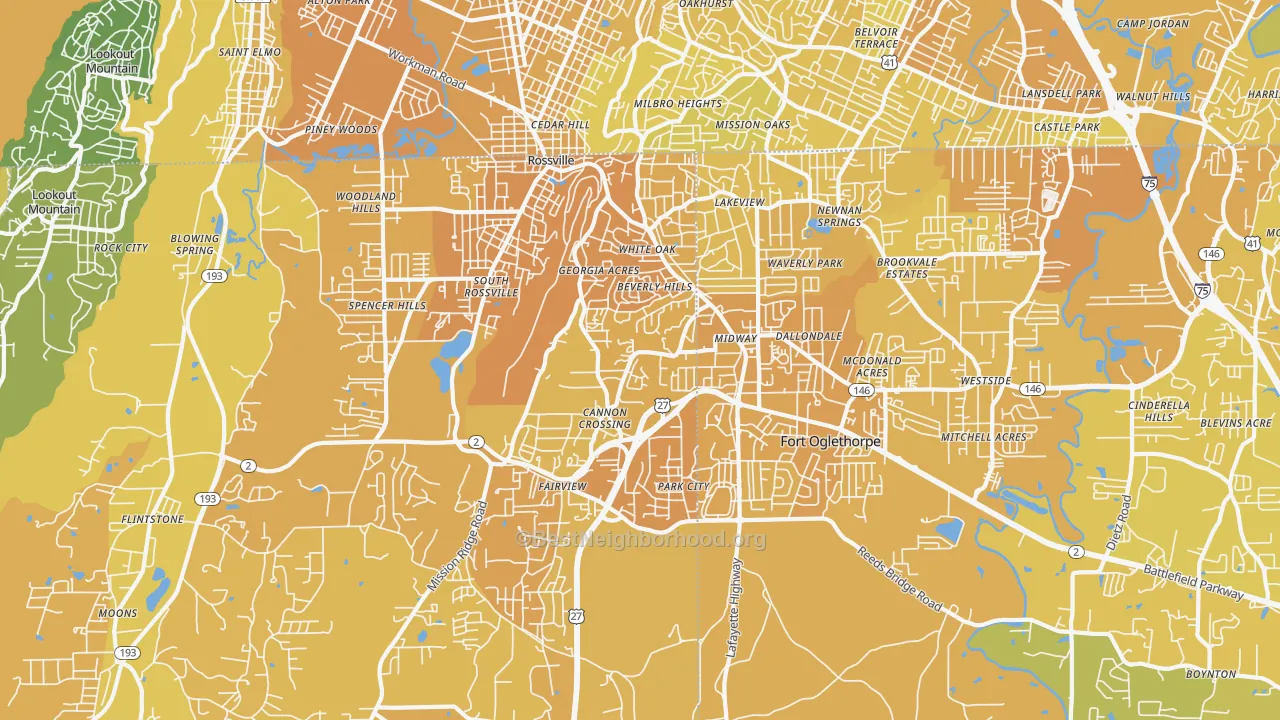Map of the best neighborhoods in the 30741 area, with better matches in green and worse matches in red