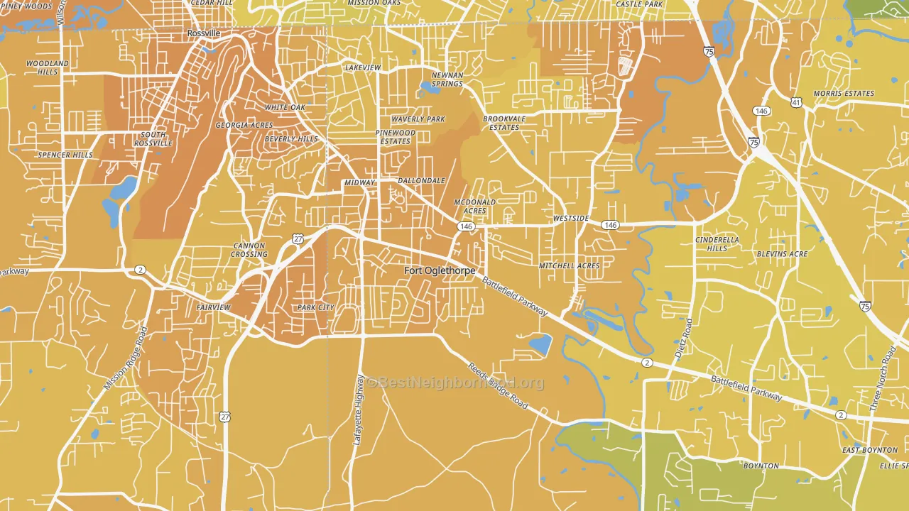 Map of the best neighborhoods in the 30742 area, with better matches in green and worse matches in red