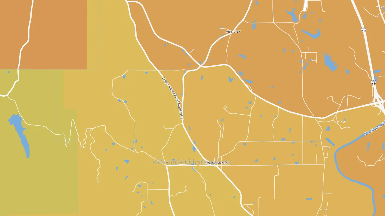 Map of the best neighborhoods in the 30746 area, with better matches in green and worse matches in red