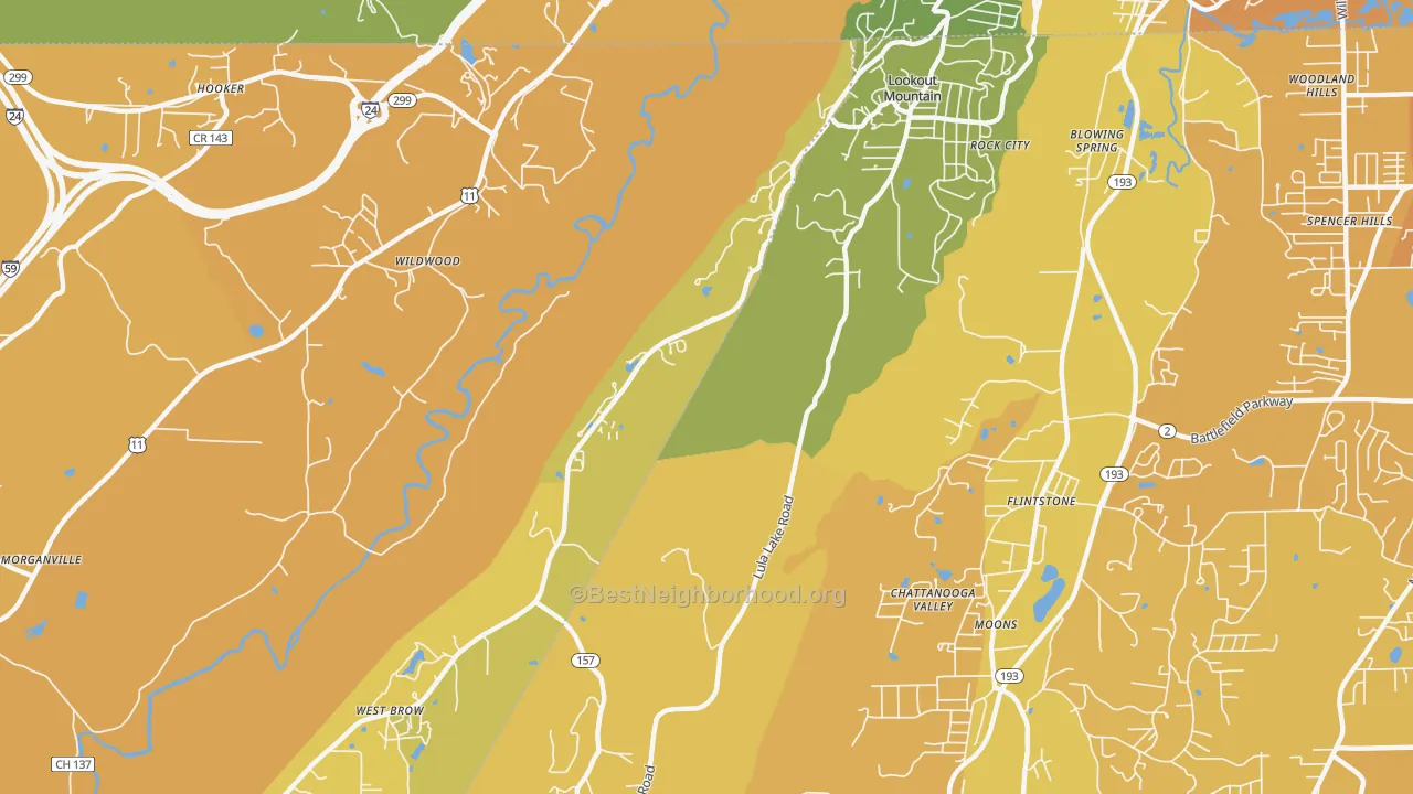 Map of the best neighborhoods in the 30750 area, with better matches in green and worse matches in red