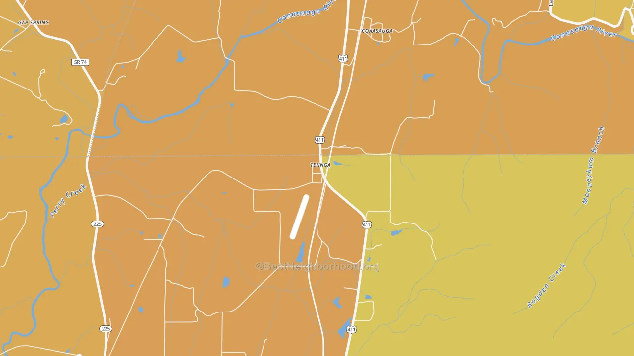 Map of the best neighborhoods in the 30751 area, with better matches in green and worse matches in red