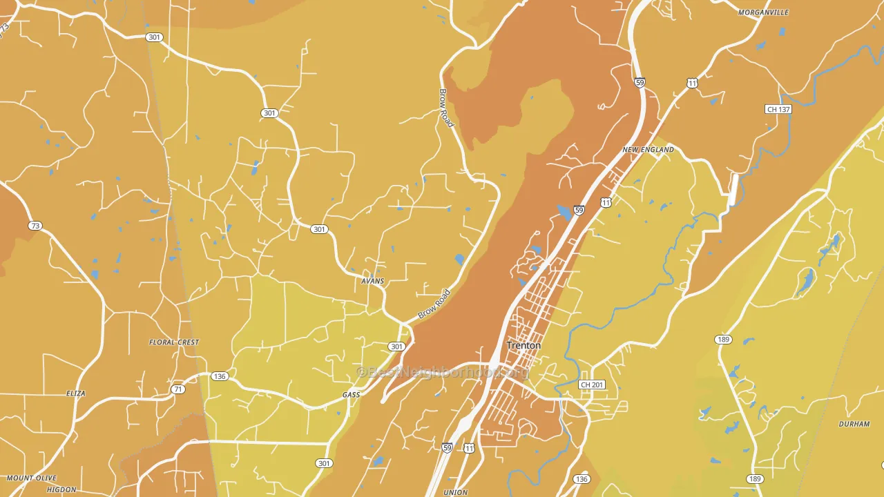 Map of the best neighborhoods in the 30752 area, with better matches in green and worse matches in red