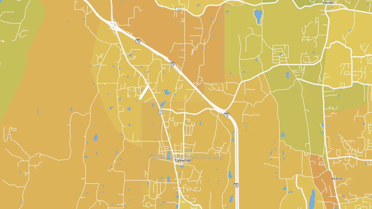 Map of the best neighborhoods in the 30755 area, with better matches in green and worse matches in red