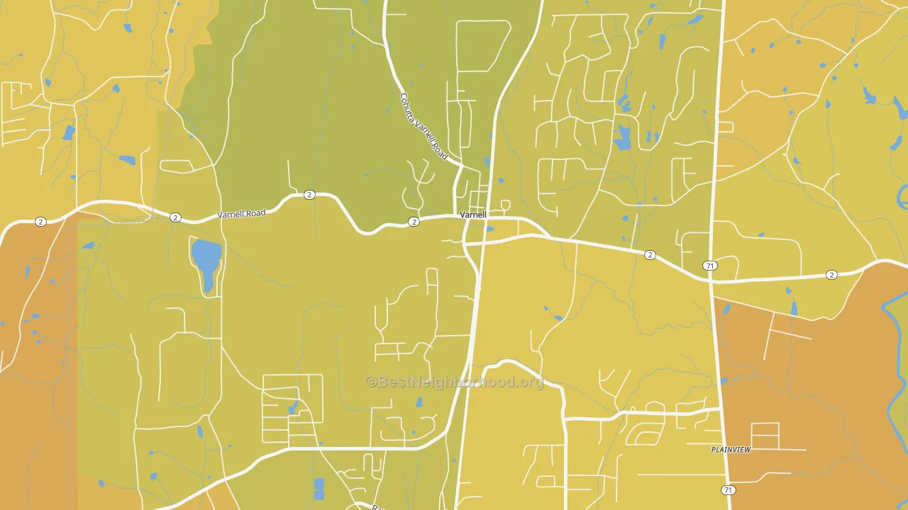 Map of the best neighborhoods in the 30756 area, with better matches in green and worse matches in red