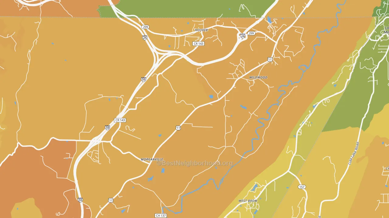 Map of the best neighborhoods in the 30757 area, with better matches in green and worse matches in red