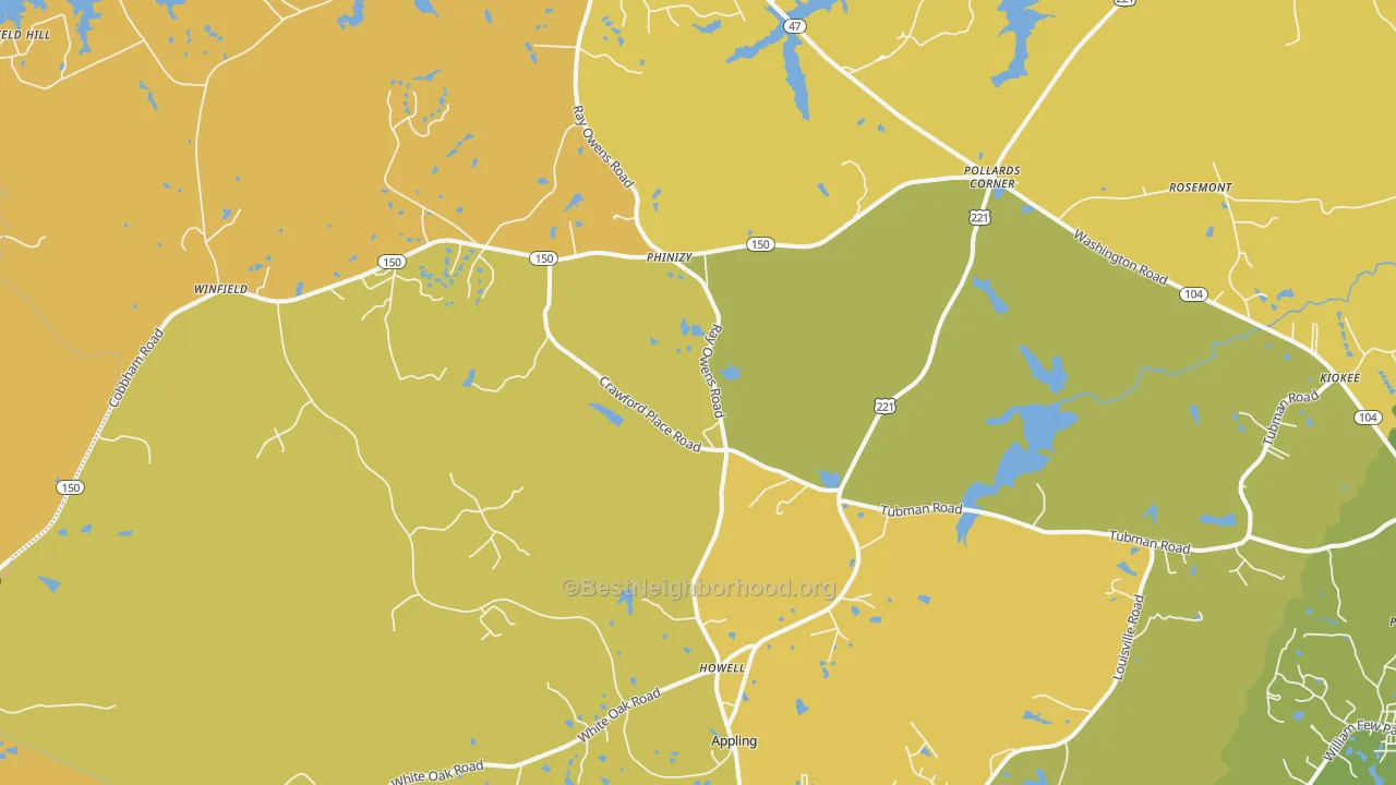 Map of the best neighborhoods in the 30802 area, with better matches in green and worse matches in red