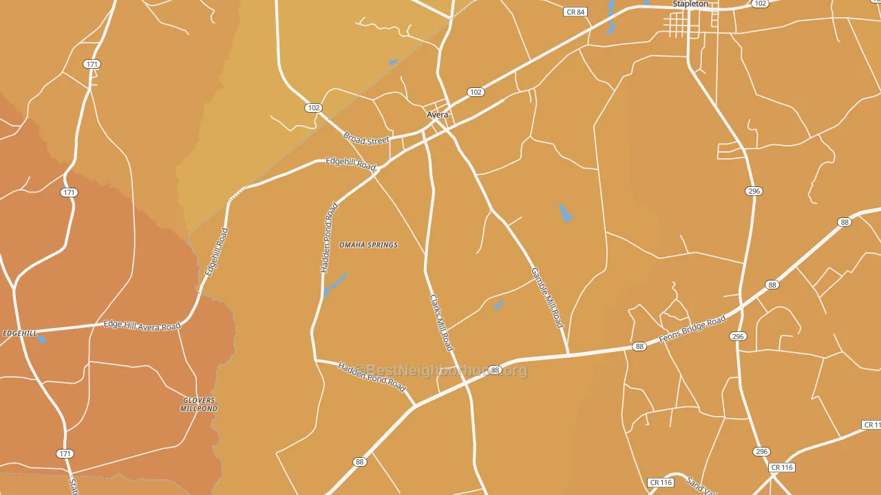 Map of the best neighborhoods in the 30803 area, with better matches in green and worse matches in red