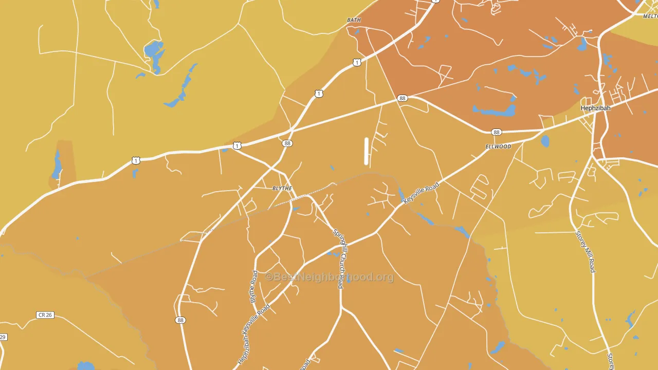 Map of the best neighborhoods in the 30805 area, with better matches in green and worse matches in red