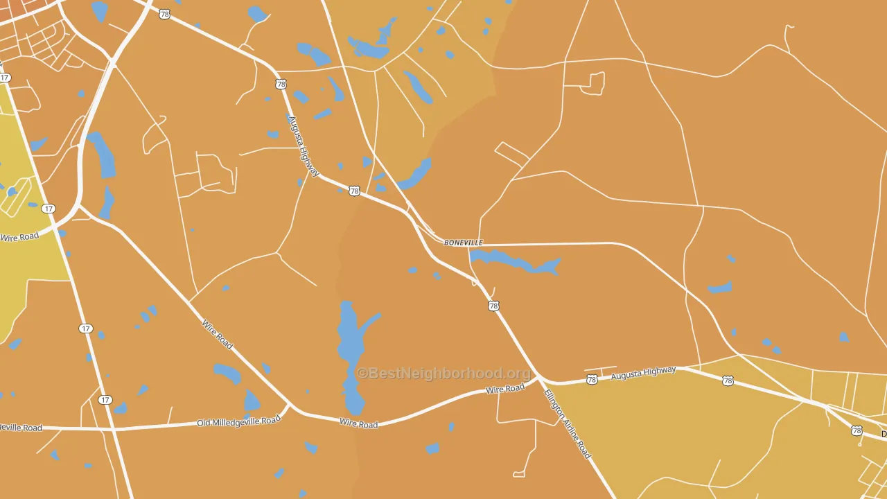 Map of the best neighborhoods in the 30806 area, with better matches in green and worse matches in red