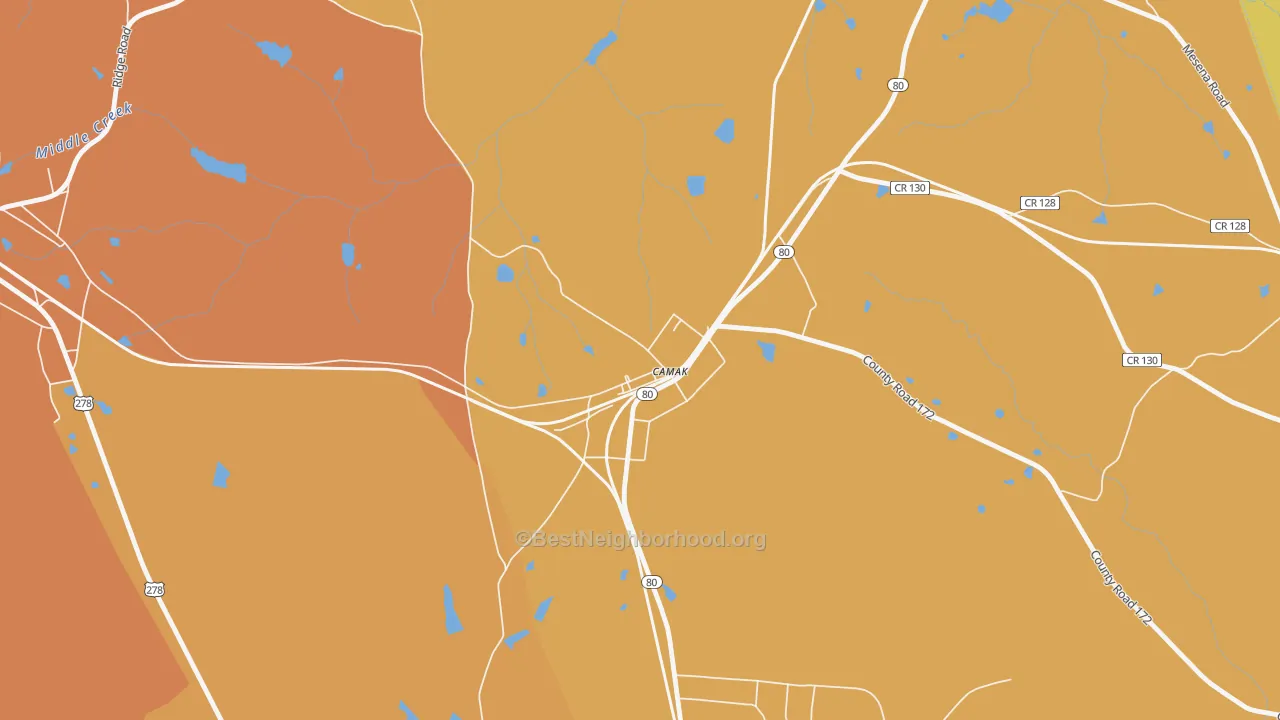 Map of the best neighborhoods in the 30807 area, with better matches in green and worse matches in red