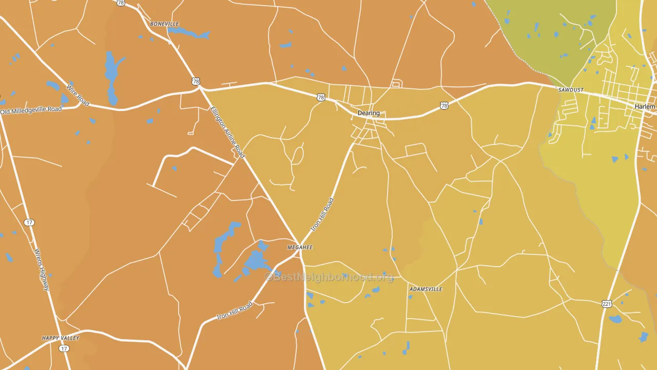Map of the best neighborhoods in the 30808 area, with better matches in green and worse matches in red
