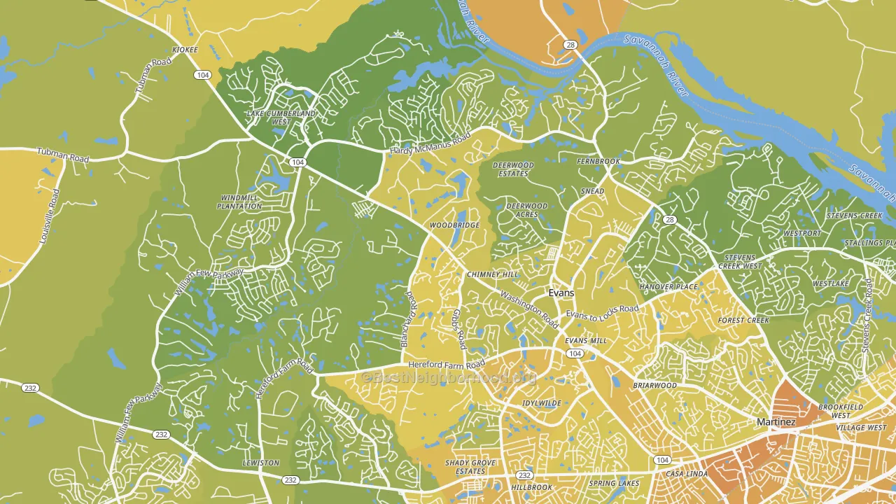 Map of the best neighborhoods in the 30809 area, with better matches in green and worse matches in red