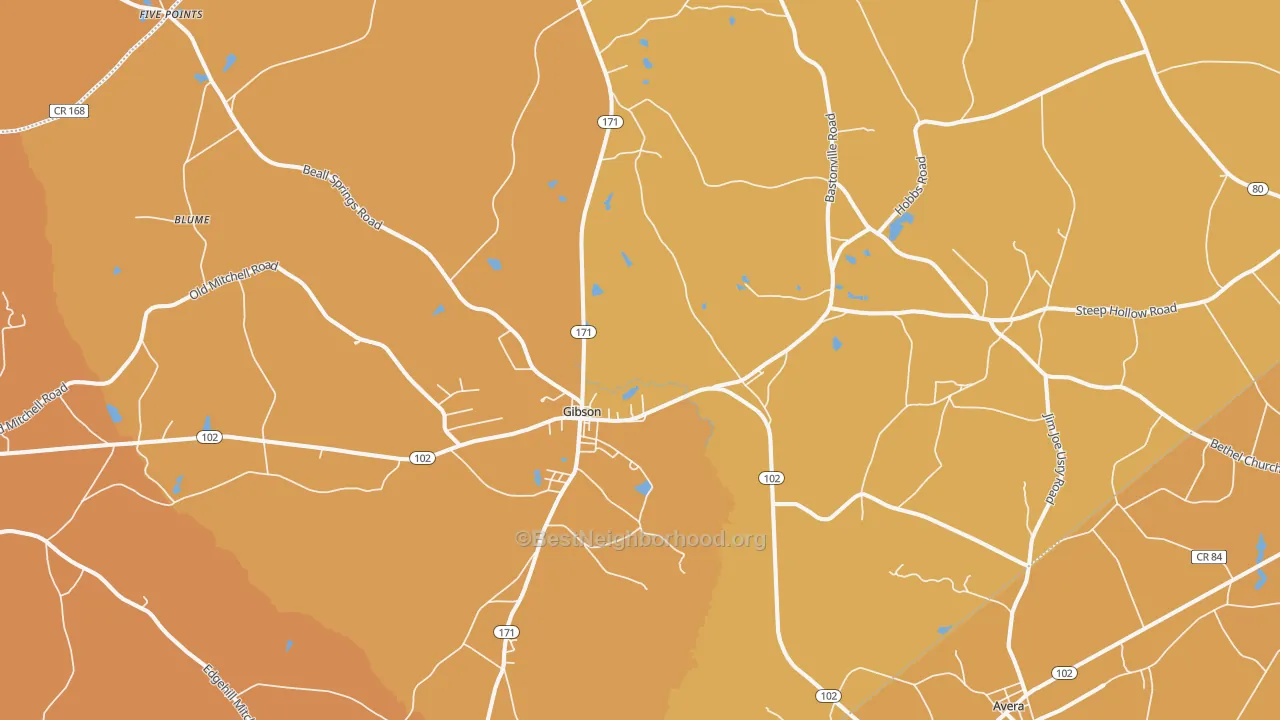 Map of the best neighborhoods in the 30810 area, with better matches in green and worse matches in red