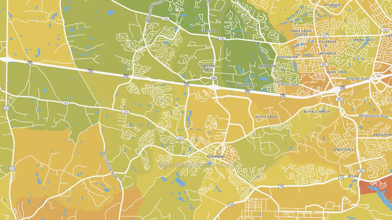 Map of the best neighborhoods in the 30813 area, with better matches in green and worse matches in red
